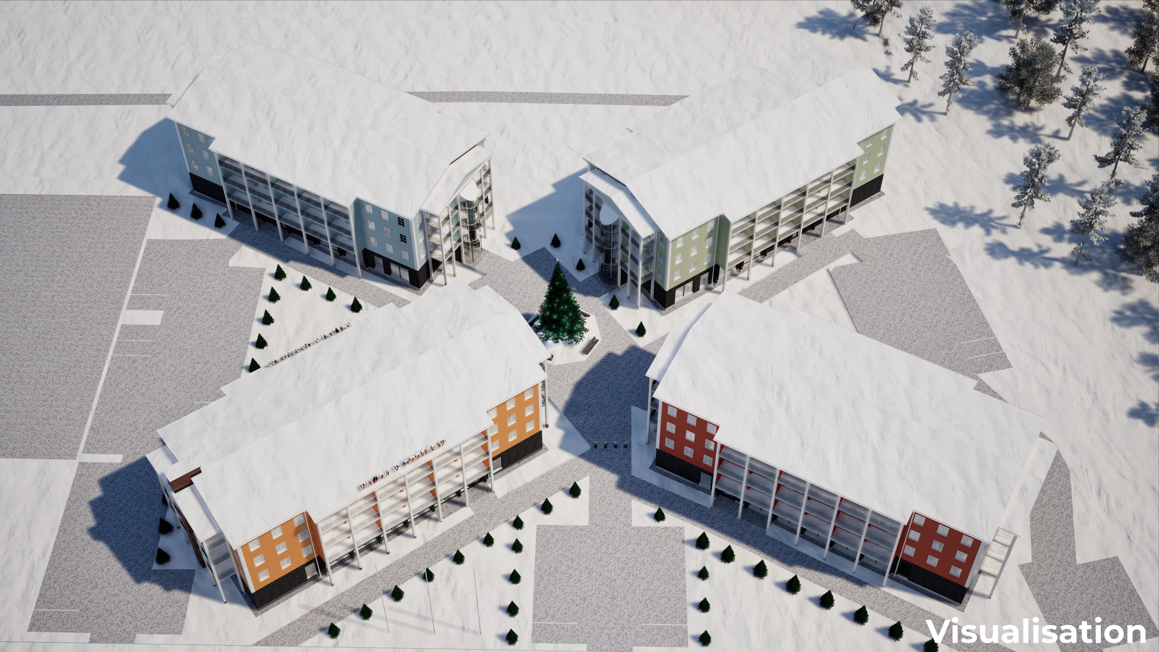 Ilmakuva Elves Hotelsin neljästä rakennuksesta Santa Claus Villagessa